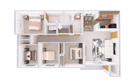 Floor plan for 4 beds, 2 baths, 1258 sqft
